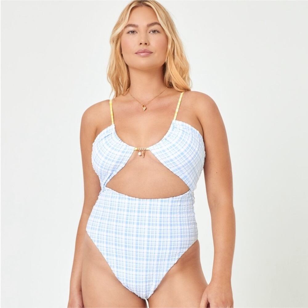 L*Space White Blue Plaid Ocean Charm Rizzo Cut Out One Piece in Powder Blue L - Picture 3 of 11